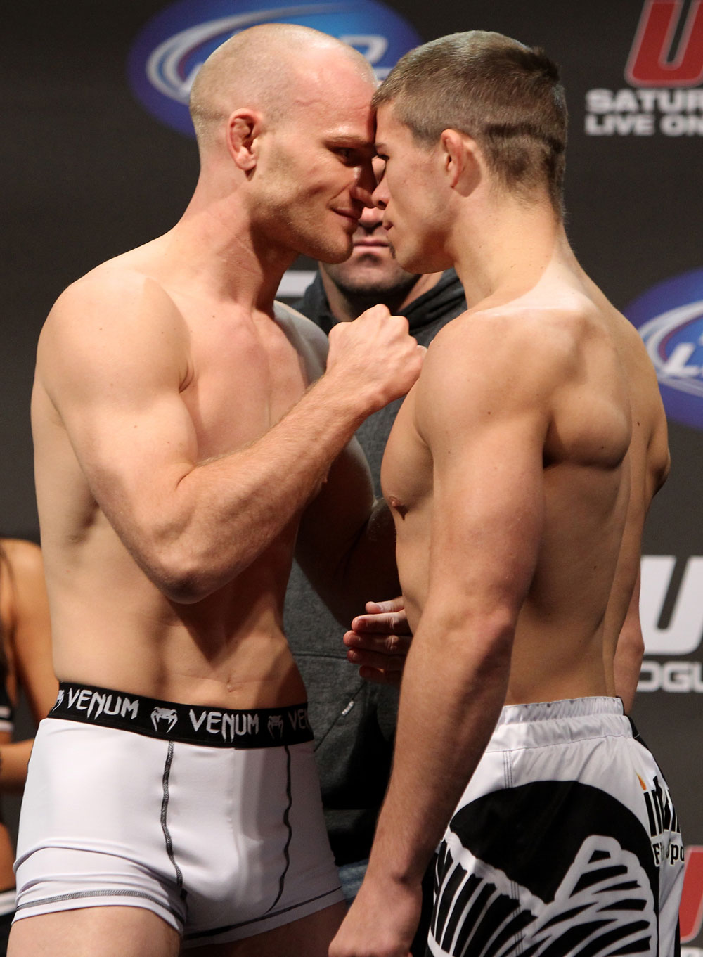 SAN JOSE, CA - NOVEMBER 18: (L-R) Welterweight opponents Martin Kampmann and Rick Story face off after weighing in during the UFC 139 Weigh In at the HP Pavilion on November 18, 2011 in San Jose, California. (Photo by Josh Hedges/Zuffa LLC/Zuffa LLC via Getty Images)
