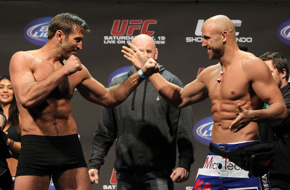 SAN JOSE, CA - NOVEMBER 18: (L-R) Light Heavyweight opponents Stephan Bonnar and Kyle Kingsbury face off after weighing in during the UFC 139 Weigh In at the HP Pavilion on November 18, 2011 in San Jose, California. (Photo by Josh Hedges/Zuffa LLC/Zuffa LLC via Getty Images)