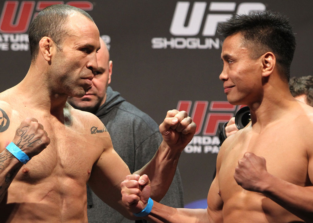 SAN JOSE, CA - NOVEMBER 18: (L-R) Middleweight opponents Wanderlei Silva and Cung Le face off after weighing in during the UFC 139 Weigh In at the HP Pavilion on November 18, 2011 in San Jose, California. (Photo by Josh Hedges/Zuffa LLC/Zuffa LLC via Getty Images)