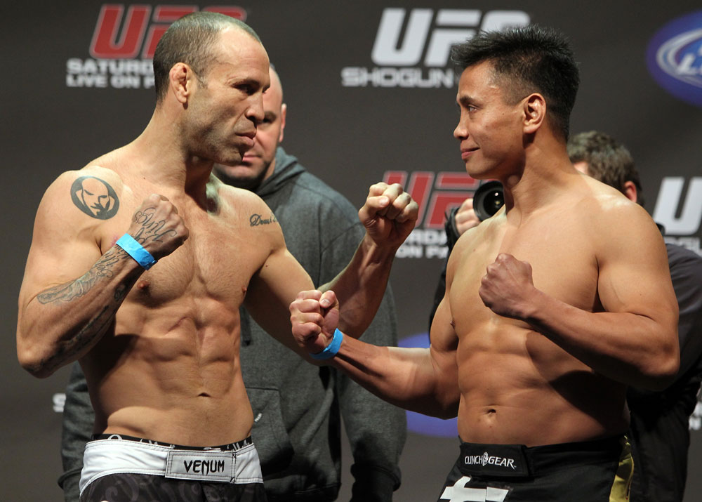 SAN JOSE, CA - NOVEMBER 18: (L-R) Middleweight opponents Wanderlei Silva and Cung Le face off after weighing in during the UFC 139 Weigh In at the HP Pavilion on November 18, 2011 in San Jose, California. (Photo by Josh Hedges/Zuffa LLC/Zuffa LLC via Getty Images)