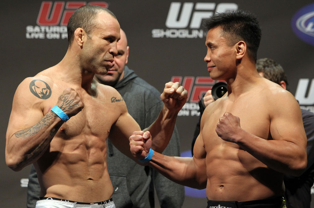 SAN JOSE, CA - NOVEMBER 18: (L-R) Middleweight opponents Wanderlei Silva and Cung Le face off after weighing in during the UFC 139 Weigh In at the HP Pavilion on November 18, 2011 in San Jose, California. (Photo by Josh Hedges/Zuffa LLC/Zuffa LLC via Getty Images)