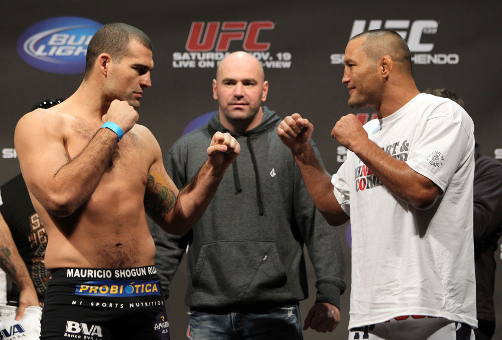 SAN JOSE, CA - NOVEMBER 18: (L-R) Light Heavyweight opponents Mauricio "Shogun" Rua and Dan Henderson face off after weighing in during the UFC 139 Weigh In at the HP Pavilion on November 18, 2011 in San Jose, California. (Photo by Josh Hedges/Zuffa LLC/Zuffa LLC via Getty Images)