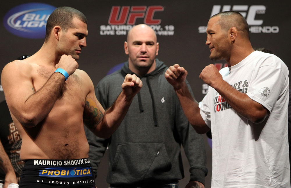 SAN JOSE, CA - NOVEMBER 18: (L-R) Light Heavyweight opponents Mauricio "Shogun" Rua and Dan Henderson face off after weighing in during the UFC 139 Weigh In at the HP Pavilion on November 18, 2011 in San Jose, California. (Photo by Josh Hedges/Zuffa LLC/Zuffa LLC via Getty Images)