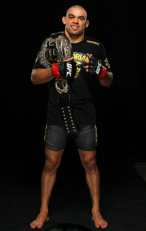 LONDON, ENGLAND - FEBRUARY 16: UFC interim bantamweight champion Renan Barao poses for a portrait after his victory over Michael McDonald during the UFC on Fuel TV event on February 16, 2013 at Wembley Arena in London, England. (Photo by Mike Roach/Zuffa LLC/Zuffa LLC via Getty Images)