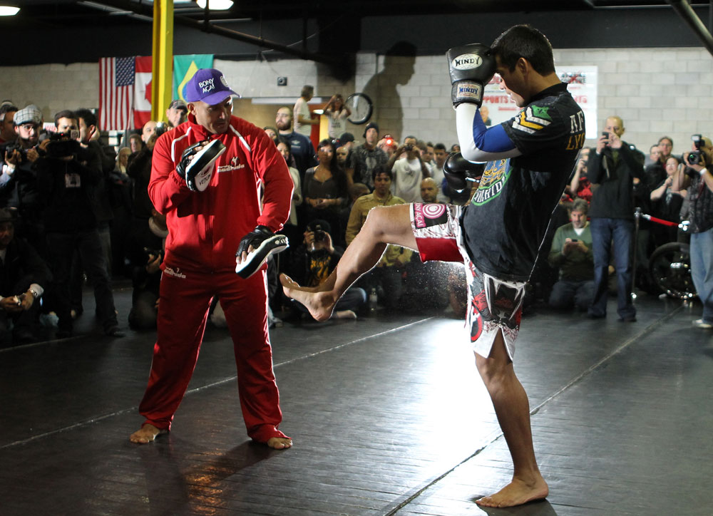 TORONTO, ON - DECEMBER 07:  Lyoto Machida works out for the fans and media during the UFC 140 Open Workouts at the Xtreme Couture Gym on December 7, 2011 in Toronto, Ontario.  (Photo by Josh Hedges/Zuffa LLC/Zuffa LLC via Getty Images)