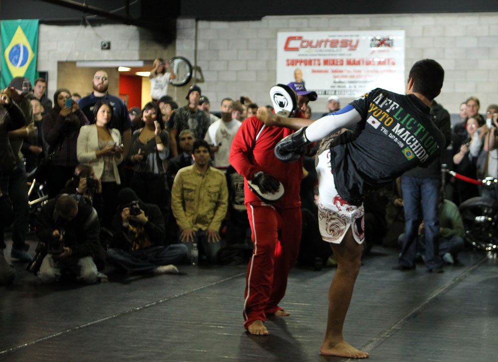 TORONTO, ON - DECEMBER 07:  Lyoto Machida works out for the fans and media during the UFC 140 Open Workouts at the Xtreme Couture Gym on December 7, 2011 in Toronto, Ontario.  (Photo by Josh Hedges/Zuffa LLC/Zuffa LLC via Getty Images)