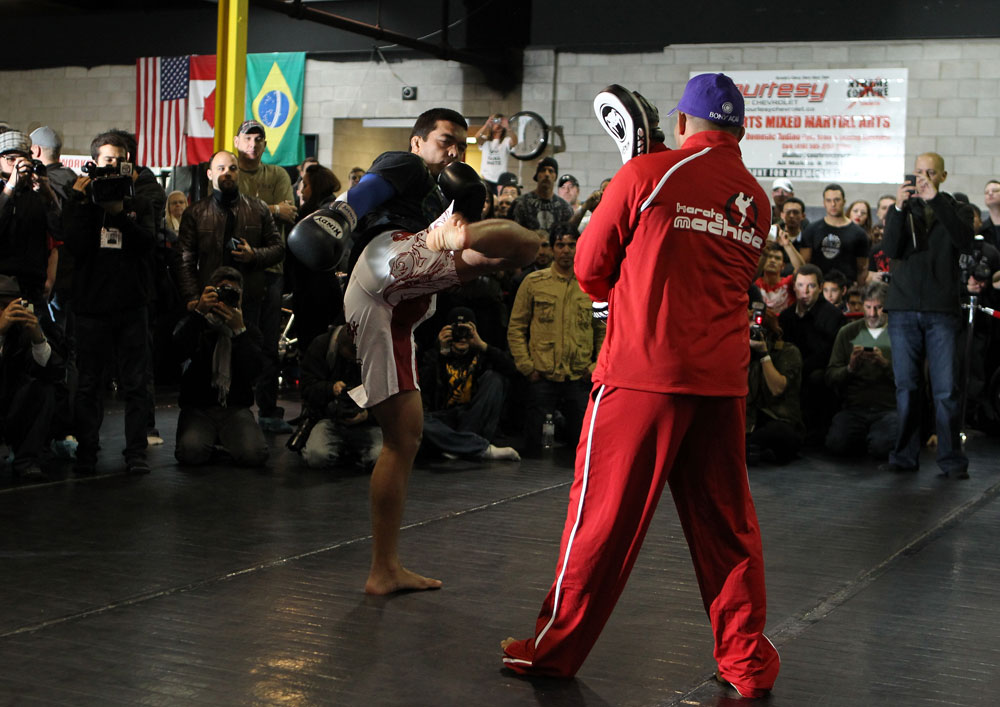 TORONTO, ON - DECEMBER 07:  Lyoto Machida works out for the fans and media during the UFC 140 Open Workouts at the Xtreme Couture Gym on December 7, 2011 in Toronto, Ontario.  (Photo by Josh Hedges/Zuffa LLC/Zuffa LLC via Getty Images)