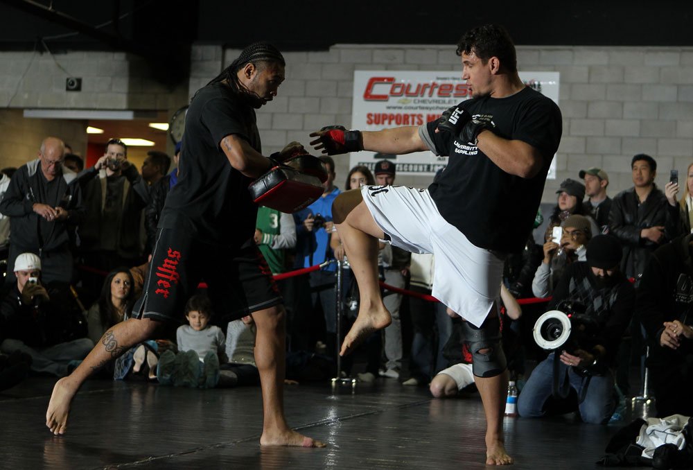 TORONTO, ON - DECEMBER 07:  Frank Mir works out for the fans and media during the UFC 140 Open Workouts at the Xtreme Couture Gym on December 7, 2011 in Toronto, Ontario.  (Photo by Josh Hedges/Zuffa LLC/Zuffa LLC via Getty Images)
