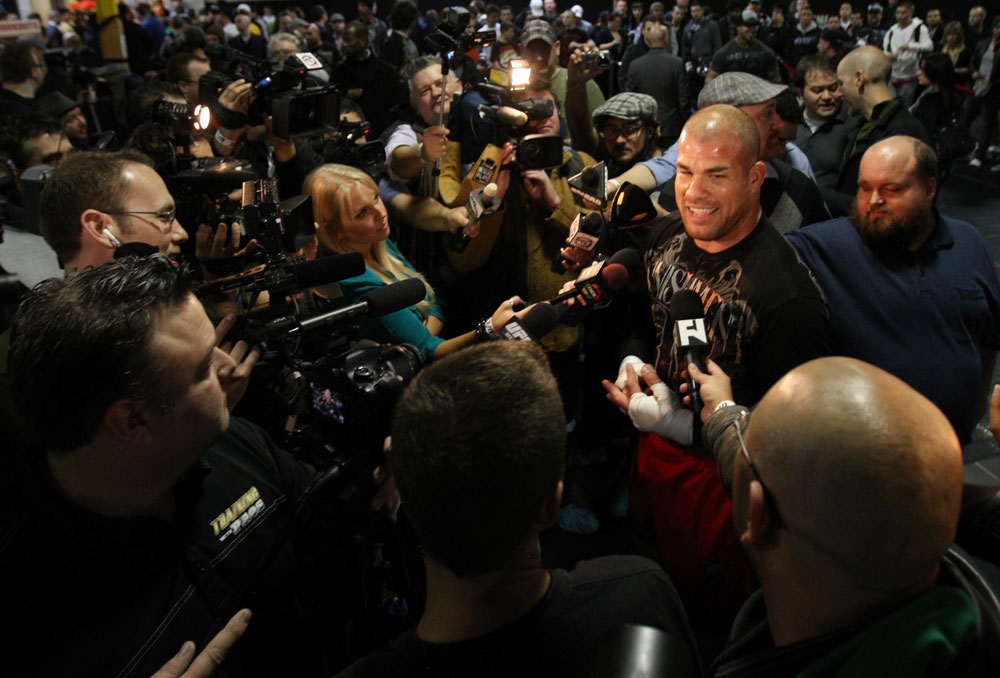 TORONTO, ON - DECEMBER 07:  Tito Ortiz answers questions from the media during the UFC 140 Open Workouts at the Xtreme Couture Gym on December 7, 2011 in Toronto, Ontario.  (Photo by Josh Hedges/Zuffa LLC/Zuffa LLC via Getty Images)