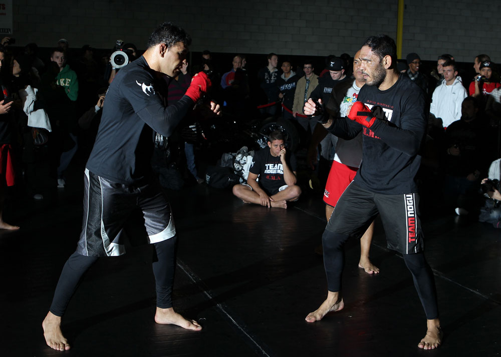 TORONTO, ON - DECEMBER 07:  (L-R) Twin brothers Antonio Rodrigo "Minotauro" Nogueira and Antonio Rogerio "Minotoro" Nogueira workout together during the UFC 140 Open Workouts at the Xtreme Couture Gym on December 7, 2011 in Toronto, Ontario.  (Photo by Josh Hedges/Zuffa LLC/Zuffa LLC via Getty Images)