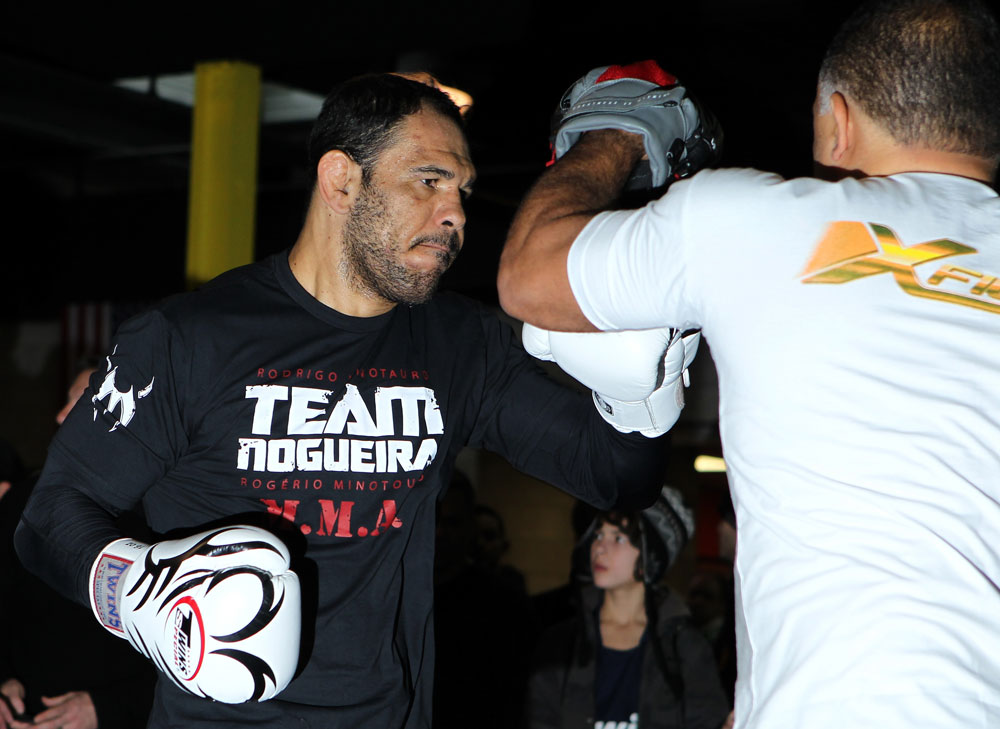 TORONTO, ON - DECEMBER 07:  Antonio Rogerio "Minotoro" Nogueira works out for the fans and media during the UFC 140 Open Workouts at the Xtreme Couture Gym on December 7, 2011 in Toronto, Ontario.  (Photo by Josh Hedges/Zuffa LLC/Zuffa LLC via Getty Images)