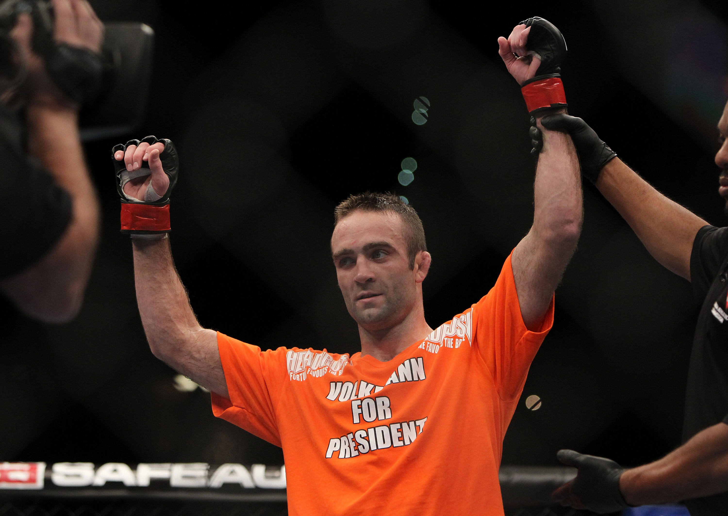 LAS VEGAS, NV - DECEMBER 30: Jacob Volkmann is declared the winner in his fight against Efrain Escudero during the UFC 141 event at the MGM Grand Garden Arena on December 30, 2011 in Las Vegas, Nevada. (Photo by Josh Hedges/Zuffa LLC/Zuffa LLC via Getty Images) *** Local Caption *** Jacob Volkmann