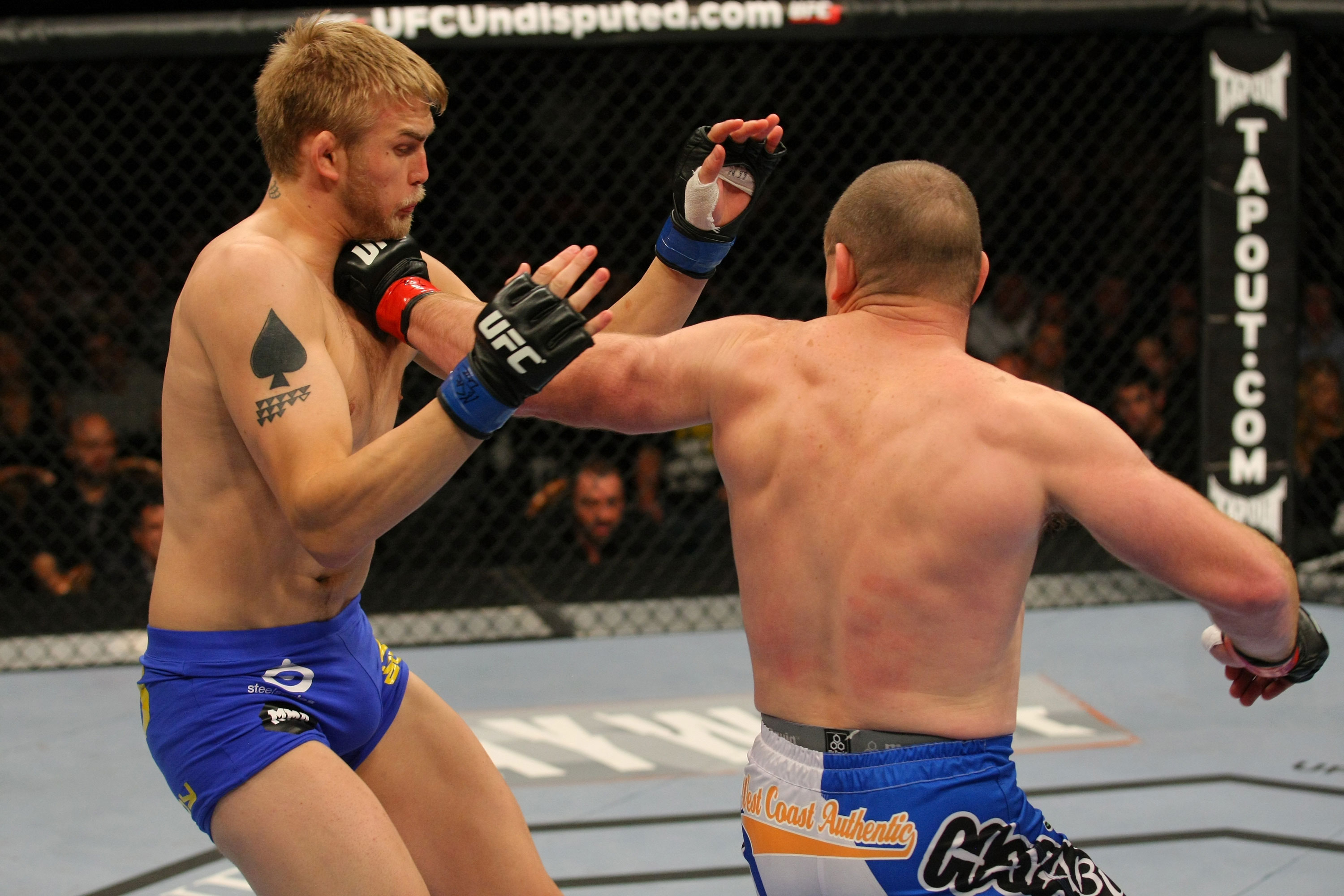 LAS VEGAS, NV - DECEMBER 30: Vladimir Matyushenko (right) punches Alexander Gustafsson during the UFC 141 event at the MGM Grand Garden Arena on December 30, 2011 in Las Vegas, Nevada. (Photo by Donald Miralle/Zuffa LLC/Zuffa LLC via Getty Images) *** Local Caption *** Vladimir Matyushenko; Alexander Gustafsson