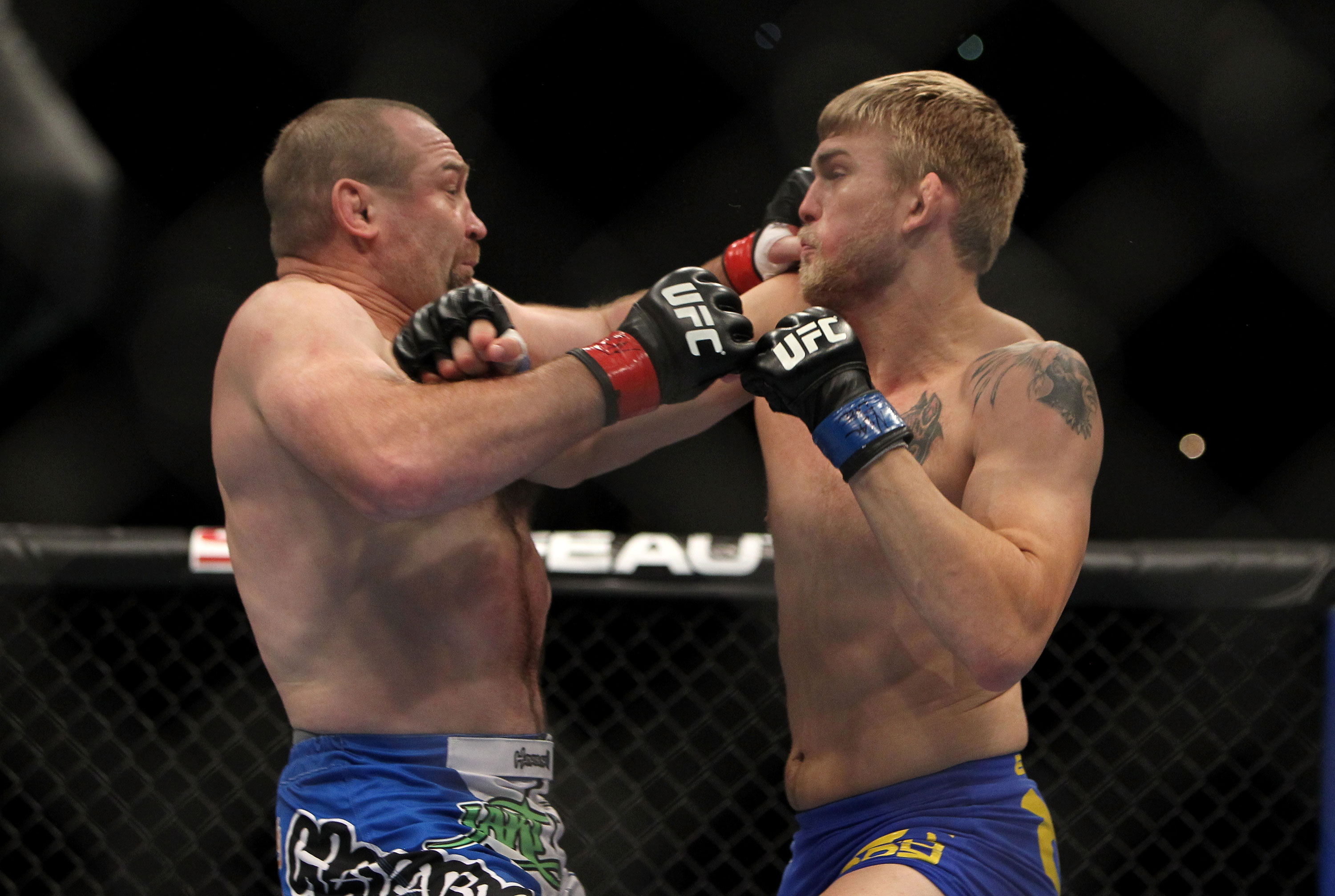 LAS VEGAS, NV - DECEMBER 30: Alexander Gustafsson (right) and Vladimir Matyushenko (left) exchange punches during the UFC 141 event at the MGM Grand Garden Arena on December 30, 2011 in Las Vegas, Nevada. (Photo by Josh Hedges/Zuffa LLC/Zuffa LLC via Getty Images) *** Local Caption *** Alexander Gustafsson; Vladimir Matyushenko