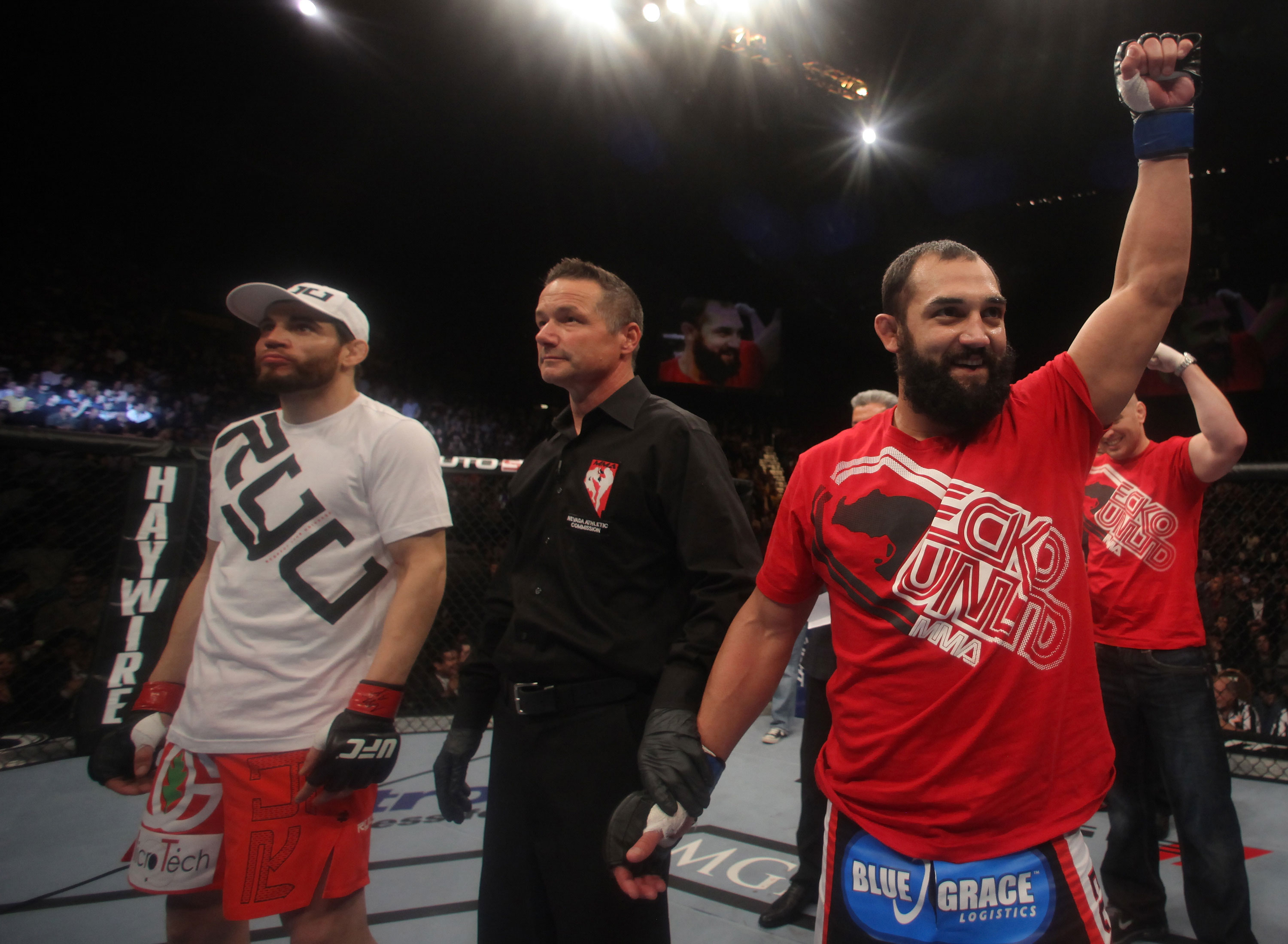 LAS VEGAS, NV - DECEMBER 30: Johny Hendricks (right) and Jon Fitch (left) await the official decision of their fight during the UFC 141 event at the MGM Grand Garden Arena on December 30, 2011 in Las Vegas, Nevada. (Photo by Donald Miralle/Zuffa LLC/Zuffa LLC via Getty Images) *** Local Caption *** Johny Hendricks; Jon Fitch