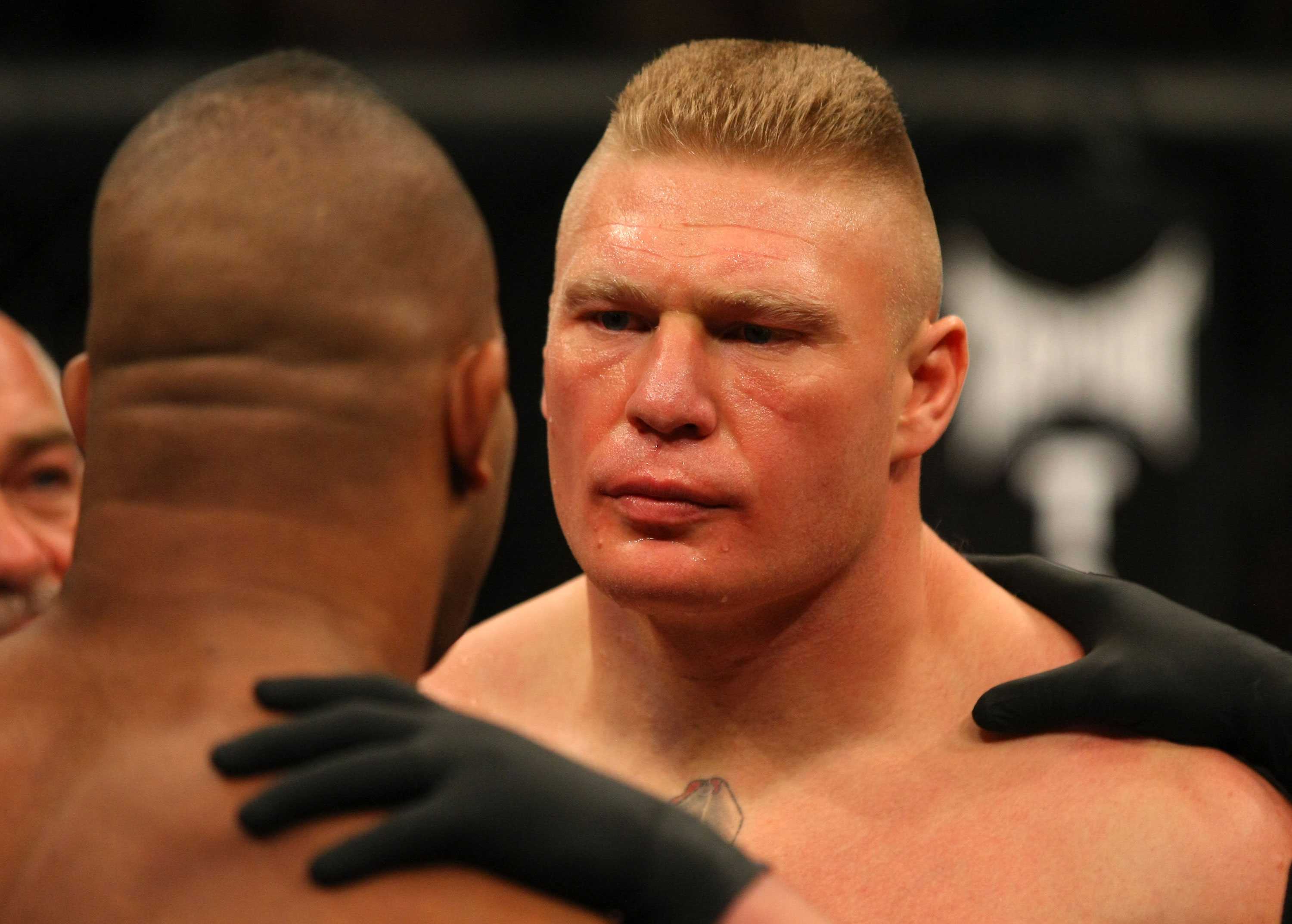 LAS VEGAS, NV - DECEMBER 30: Brock Lesnar (right) faces off with Alistair Overeem (left) before their fight during the UFC 141 event at the MGM Grand Garden Arena on December 30, 2011 in Las Vegas, Nevada. (Photo by Donald Miralle/Zuffa LLC/Zuffa LLC via Getty Images) *** Local Caption *** Brock Lesnar; Alistair Overeem