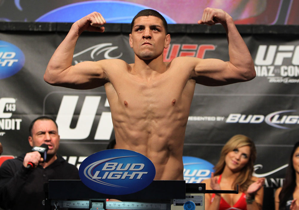 LAS VEGAS, NV - FEBRUARY 03: Nick Diaz weighs in during the UFC 143 official weigh in at Mandalay Bay Events Center on February 3, 2012 in Las Vegas, Nevada.|2:55:8 (Photo by Josh Hedges/Zuffa LLC/Zuffa LLC via Getty Images) *** Local Caption *** Nick Diaz