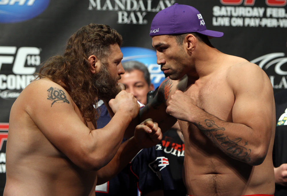 LAS VEGAS, NV - FEBRUARY 03: (L-R) Heavyweight opponents Roy Nelson and Fabricio Werdum face off after weighing in during the UFC 143 official weigh in at Mandalay Bay Events Center on February 3, 2012 in Las Vegas, Nevada.|2:55:8 (Photo by Josh Hedges/Zuffa LLC/Zuffa LLC via Getty Images) *** Local Caption *** Fabricio Werdum; Roy Nelson