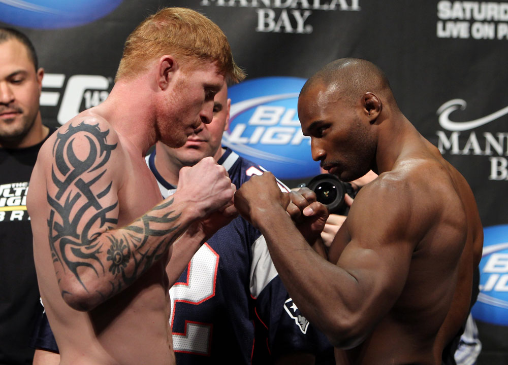 LAS VEGAS, NV - FEBRUARY 03: (L-R) Middleweight opponents Ed Herman and Clifford Starks face off after weighing in during the UFC 143 official weigh in at Mandalay Bay Events Center on February 3, 2012 in Las Vegas, Nevada.|2:55:8 (Photo by Josh Hedges/Zuffa LLC/Zuffa LLC via Getty Images) *** Local Caption *** Ed Herman; Clifford Starks