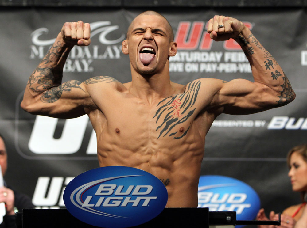 LAS VEGAS, NV - FEBRUARY 03: Dustin Poirier weighs in during the UFC 143 official weigh in at Mandalay Bay Events Center on February 3, 2012 in Las Vegas, Nevada. (Photo by Josh Hedges/Zuffa LLC/Zuffa LLC via Getty Images) *** Local Caption *** Dustin Poirier
