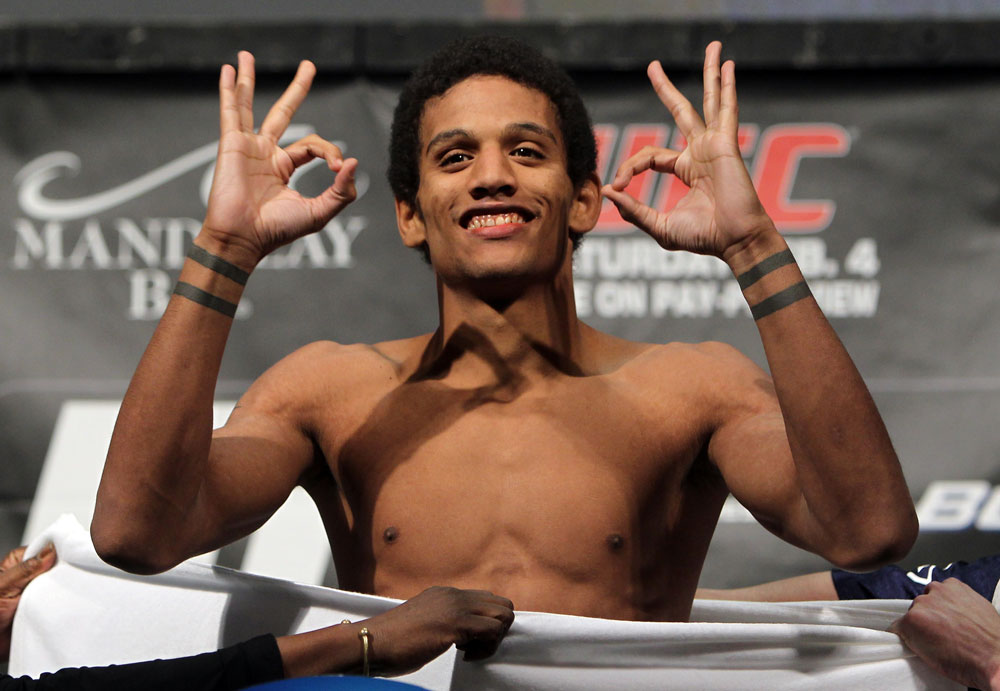 LAS VEGAS, NV - FEBRUARY 03: Alex Caceres weighs in during the UFC 143 official weigh in at Mandalay Bay Events Center on February 3, 2012 in Las Vegas, Nevada. (Photo by Josh Hedges/Zuffa LLC/Zuffa LLC via Getty Images) *** Local Caption *** Alex Caceres