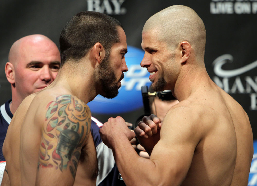 LAS VEGAS, NV - FEBRUARY 03: (L-R) Opponents Matt Brown and Chris Cope face off after weighing in during the UFC 143 official weigh in at Mandalay Bay Events Center on February 3, 2012 in Las Vegas, Nevada. (Photo by Josh Hedges/Zuffa LLC/Zuffa LLC via Getty Images) *** Local Caption *** Matt Brown; Chris Cope