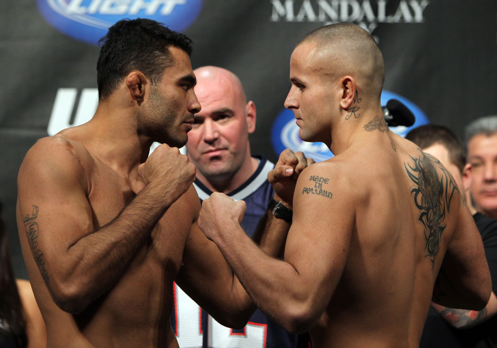 LAS VEGAS, NV - FEBRUARY 03: (L-R) Opponents Rafael Natal and Michael Kuiper face off after weighing in during the UFC 143 official weigh in at Mandalay Bay Events Center on February 3, 2012 in Las Vegas, Nevada.|2:55:8 (Photo by Josh Hedges/Zuffa LLC/Zuffa LLC via Getty Images) *** Local Caption *** Rafael Natal; Michael Kuiper