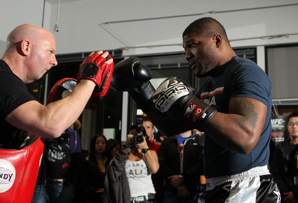 TOKYO, JAPAN - FEBRUARY 22: Quinton "Rampage" Jackson works out for the media during the UFC 144 open workouts at Gold's Gym on February 22, 2012 in Tokyo, Japan. (Photo by Josh Hedges/Zuffa LLC/Zuffa LLC via Getty Images) *** Local Caption *** Quinton Jackson