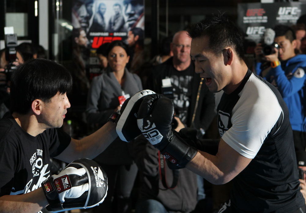 TOKYO, JAPAN - FEBRUARY 22: Yushin Okami works out for the media during the UFC 144 open workouts at Gold's Gym on February 22, 2012 in Tokyo, Japan. (Photo by Josh Hedges/Zuffa LLC/Zuffa LLC via Getty Images) *** Local Caption *** Yushin Okami