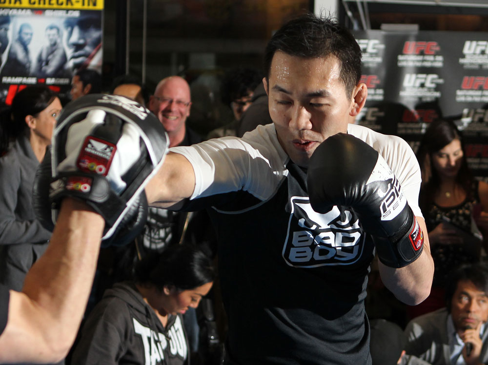 TOKYO, JAPAN - FEBRUARY 22: Yushin Okami works out for the media during the UFC 144 open workouts at Gold's Gym on February 22, 2012 in Tokyo, Japan. (Photo by Josh Hedges/Zuffa LLC/Zuffa LLC via Getty Images) *** Local Caption *** Yushin Okami