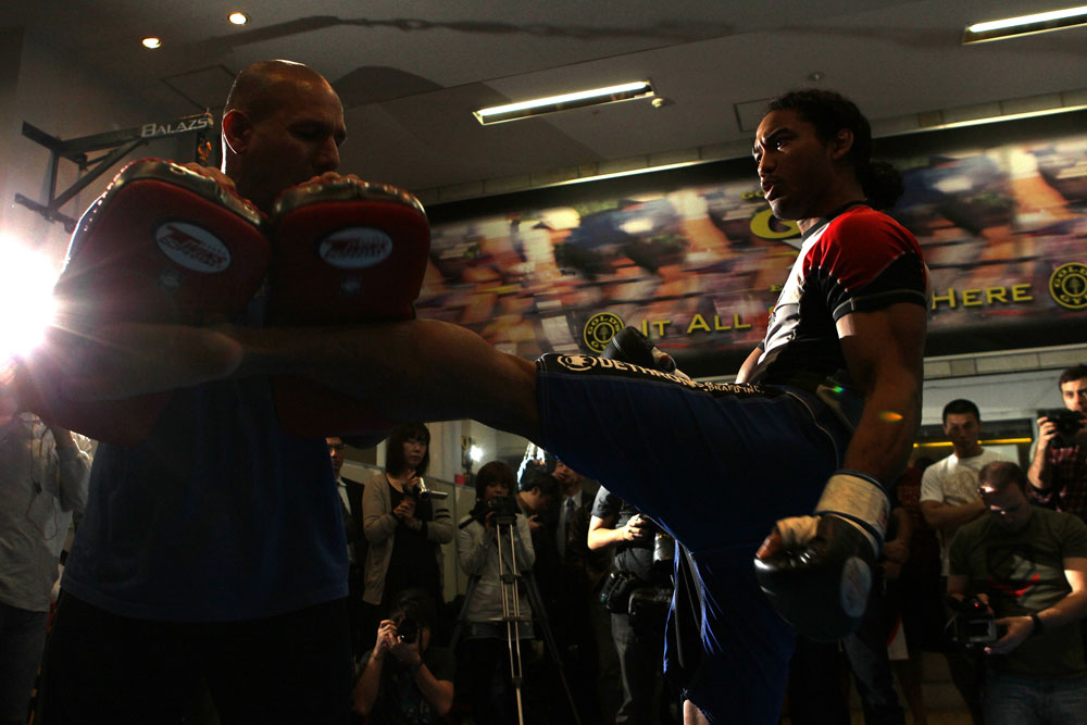 TOKYO, JAPAN - FEBRUARY 22: Benson Henderson works out for the media during the UFC 144 open workouts at Gold's Gym on February 22, 2012 in Tokyo, Japan. (Photo by Josh Hedges/Zuffa LLC/Zuffa LLC via Getty Images) *** Local Caption *** Benson Henderson