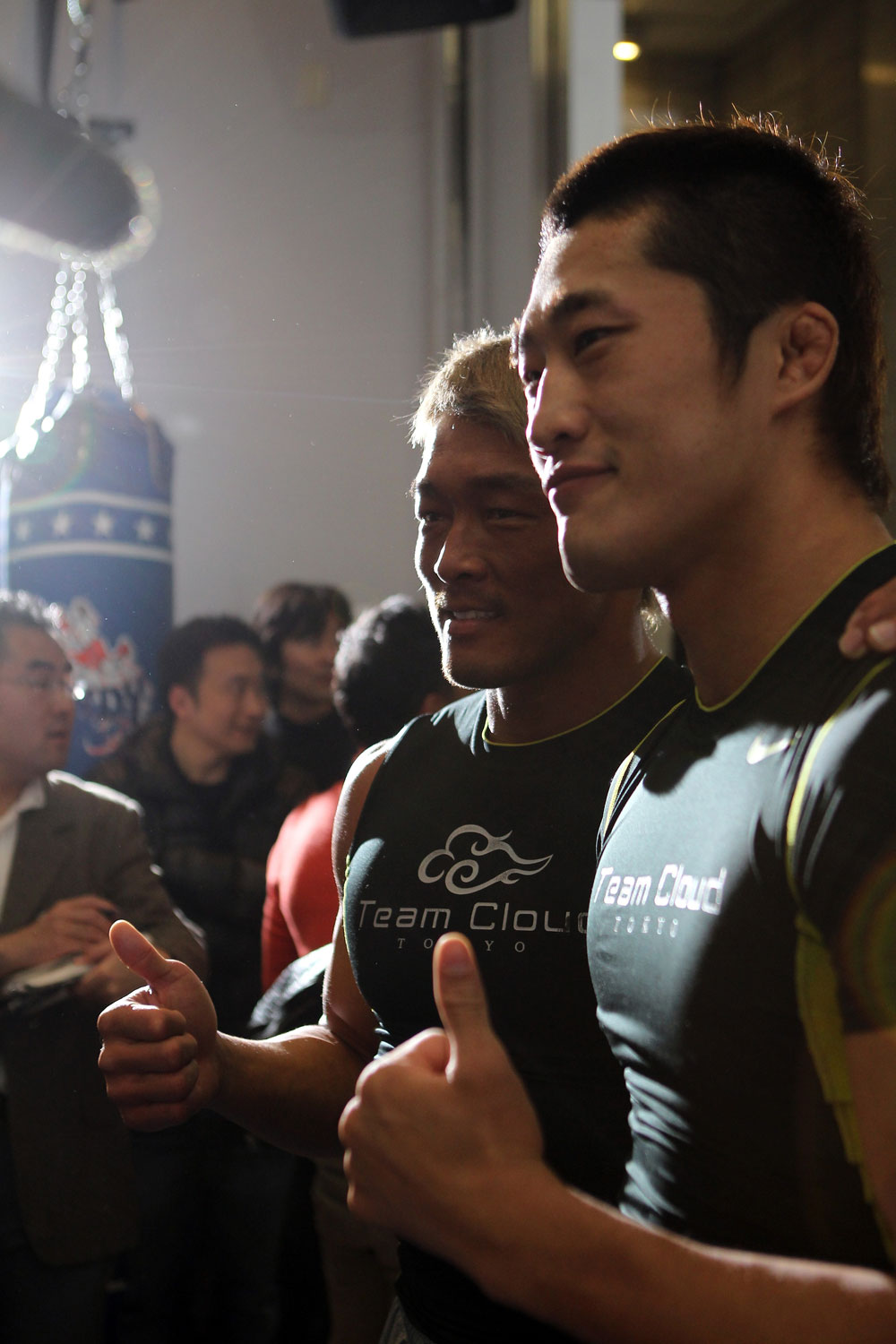 TOKYO, JAPAN - FEBRUARY 22: (L-R) Yoshihiro Akiyama and Dong Hyun Kim pose for photos during the UFC 144 open workouts at Gold's Gym on February 22, 2012 in Tokyo, Japan. (Photo by Josh Hedges/Zuffa LLC/Zuffa LLC via Getty Images) *** Local Caption *** Yoshihiro Akiyama; Dong Hyun Kim