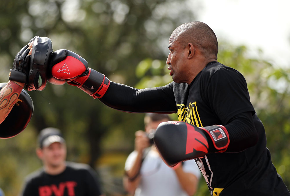 BELO HORIZONTE, BRAZIL - JUNE 20:   Sergio Moraes works out for the fans and media during the UFC 147 open workouts at Praca da Estacao on June 20, 2012 in Belo Horizonte, Brazil.  (Photo by Josh Hedges/Zuffa LLC/Zuffa LLC via Getty Images)