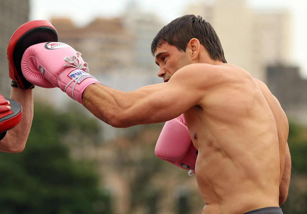 BELO HORIZONTE, BRAZIL - JUNE 20:   Rich Franklin works out for the fans and media during the UFC 147 open workouts at Praca da Estacao on June 20, 2012 in Belo Horizonte, Brazil.  (Photo by Josh Hedges/Zuffa LLC/Zuffa LLC via Getty Images)