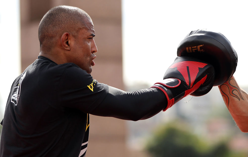 BELO HORIZONTE, BRAZIL - JUNE 20:   Sergio Moraes works out for the fans and media during the UFC 147 open workouts at Praca da Estacao on June 20, 2012 in Belo Horizonte, Brazil.  (Photo by Josh Hedges/Zuffa LLC/Zuffa LLC via Getty Images)