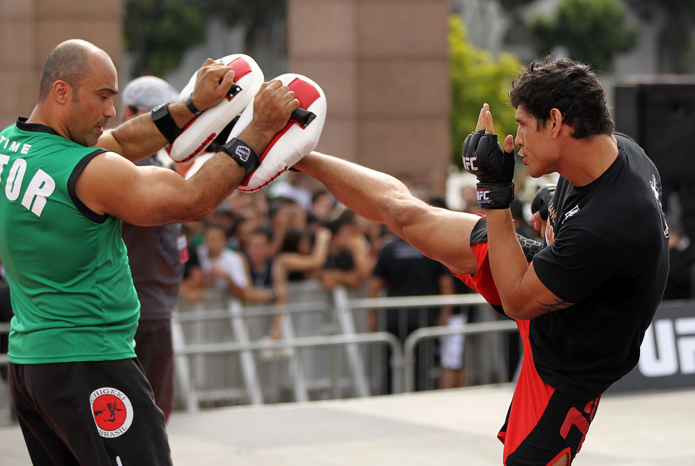 BELO HORIZONTE, BRAZIL - JUNE 20:   Cezar Ferreira works out for the fans and media during the UFC 147 open workouts at Praca da Estacao on June 20, 2012 in Belo Horizonte, Brazil.  (Photo by Josh Hedges/Zuffa LLC/Zuffa LLC via Getty Images)