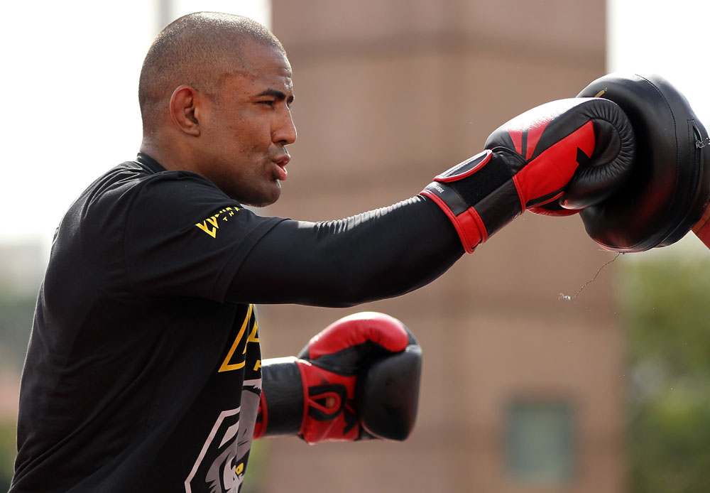 BELO HORIZONTE, BRAZIL - JUNE 20:   Sergio Moraes works out for the fans and media during the UFC 147 open workouts at Praca da Estacao on June 20, 2012 in Belo Horizonte, Brazil.  (Photo by Josh Hedges/Zuffa LLC/Zuffa LLC via Getty Images)
