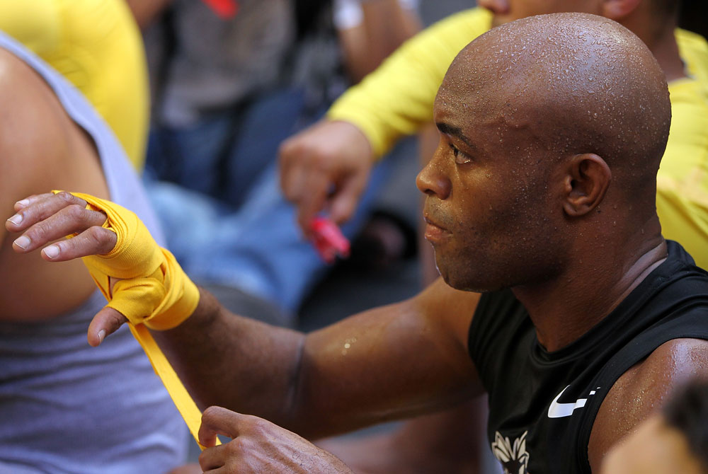 LAS VEGAS, NV - JULY 5: Anderson Silva works out for the fans and media during the UFC 148 Open Workouts inside XS nightclub at the Encore on July 5, 2012 in Las Vegas, Nevada. (Photo by Josh Hedges/Zuffa LLC/Zuffa LLC via Getty Images)