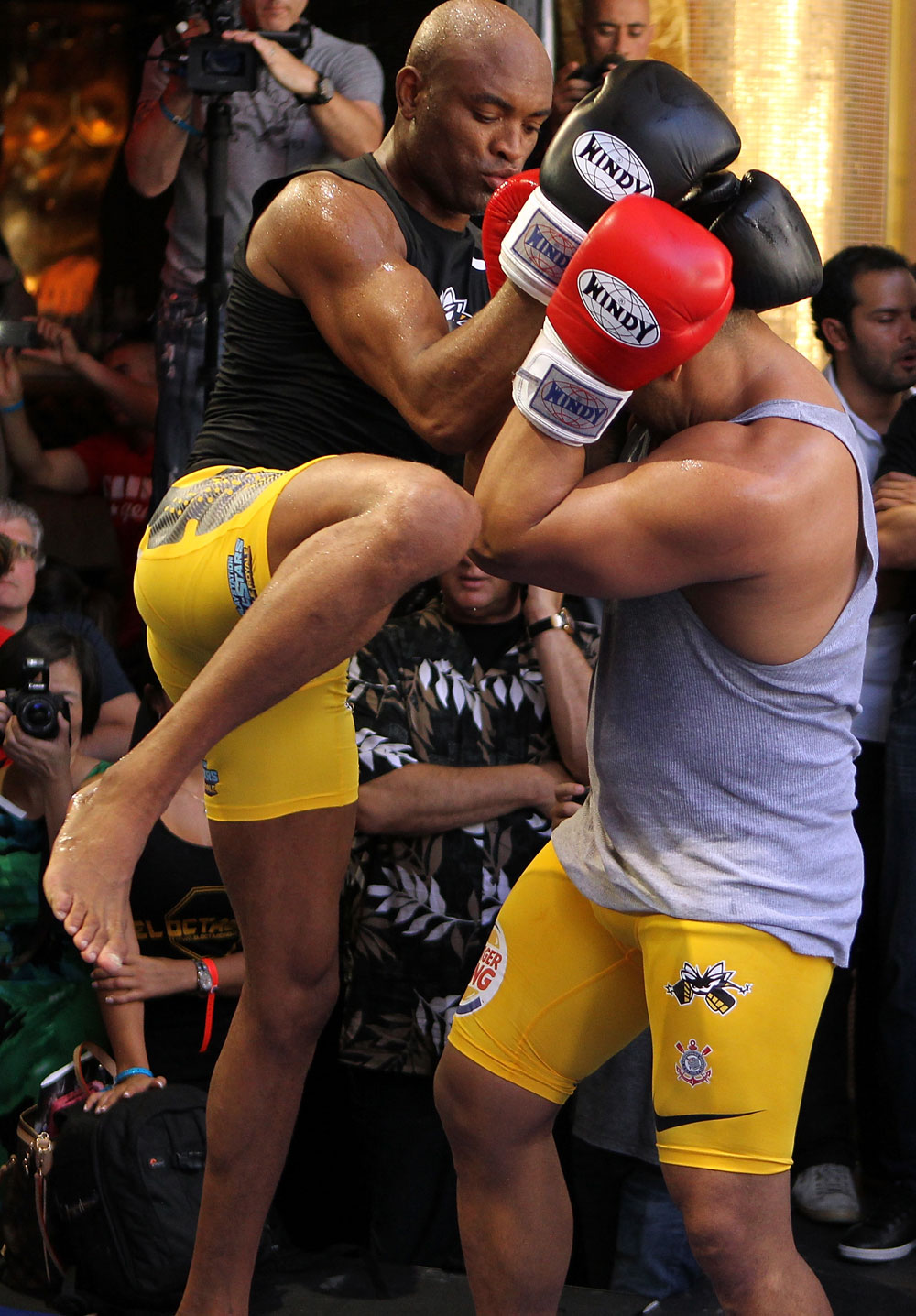 LAS VEGAS, NV - JULY 5: Anderson Silva works out for the fans and media during the UFC 148 Open Workouts inside XS nightclub at the Encore on July 5, 2012 in Las Vegas, Nevada. (Photo by Josh Hedges/Zuffa LLC/Zuffa LLC via Getty Images)