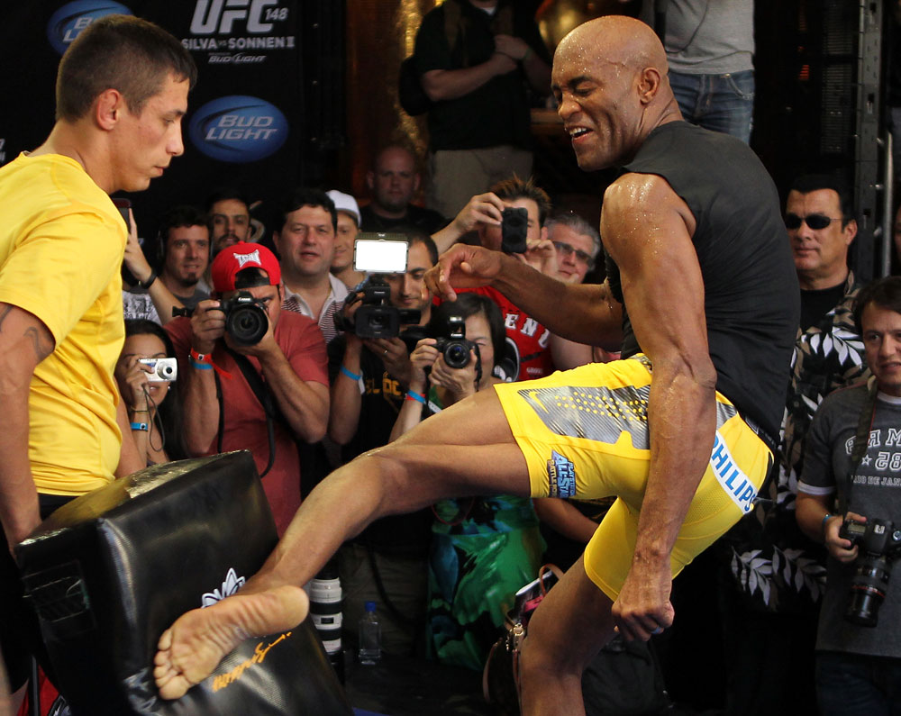 LAS VEGAS, NV - JULY 5: Anderson Silva works out for the fans and media during the UFC 148 Open Workouts inside XS nightclub at the Encore on July 5, 2012 in Las Vegas, Nevada. (Photo by Josh Hedges/Zuffa LLC/Zuffa LLC via Getty Images)