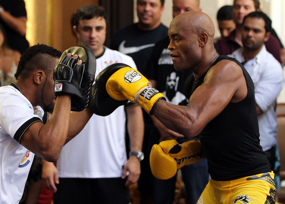 LAS VEGAS, NV - JULY 5: Anderson Silva works out for the fans and media during the UFC 148 Open Workouts inside XS nightclub at the Encore on July 5, 2012 in Las Vegas, Nevada. (Photo by Josh Hedges/Zuffa LLC/Zuffa LLC via Getty Images)