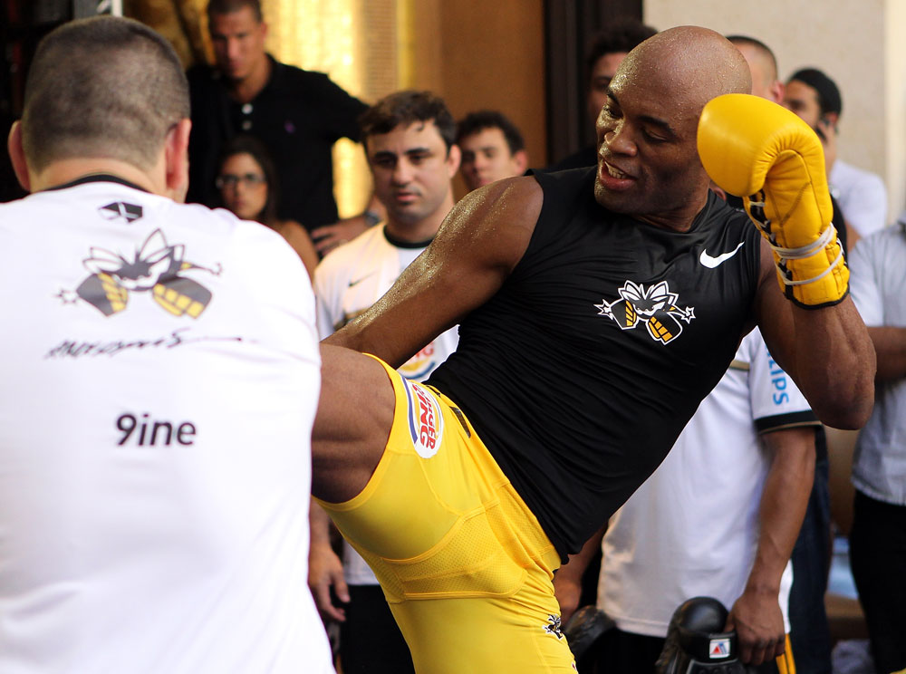 LAS VEGAS, NV - JULY 5: Anderson Silva works out for the fans and media during the UFC 148 Open Workouts inside XS nightclub at the Encore on July 5, 2012 in Las Vegas, Nevada. (Photo by Josh Hedges/Zuffa LLC/Zuffa LLC via Getty Images)
