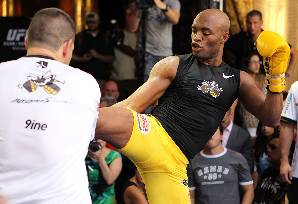 LAS VEGAS, NV - JULY 5: Anderson Silva works out for the fans and media during the UFC 148 Open Workouts inside XS nightclub at the Encore on July 5, 2012 in Las Vegas, Nevada. (Photo by Josh Hedges/Zuffa LLC/Zuffa LLC via Getty Images)