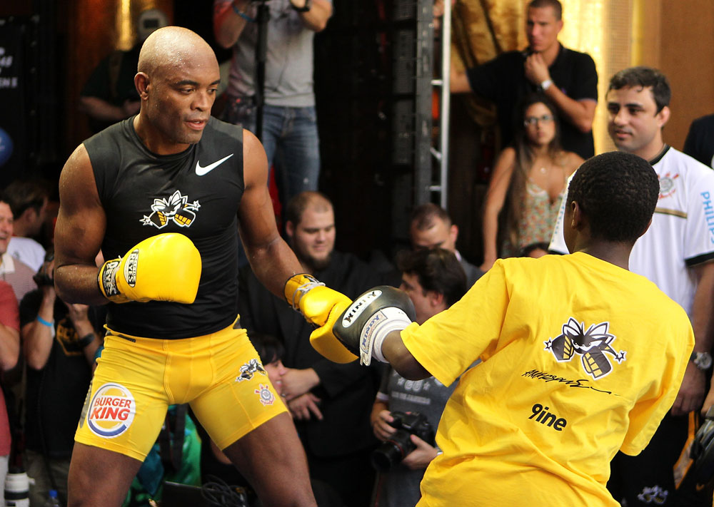 LAS VEGAS, NV - JULY 5: Anderson Silva works out for the fans and media during the UFC 148 Open Workouts inside XS nightclub at the Encore on July 5, 2012 in Las Vegas, Nevada. (Photo by Josh Hedges/Zuffa LLC/Zuffa LLC via Getty Images)