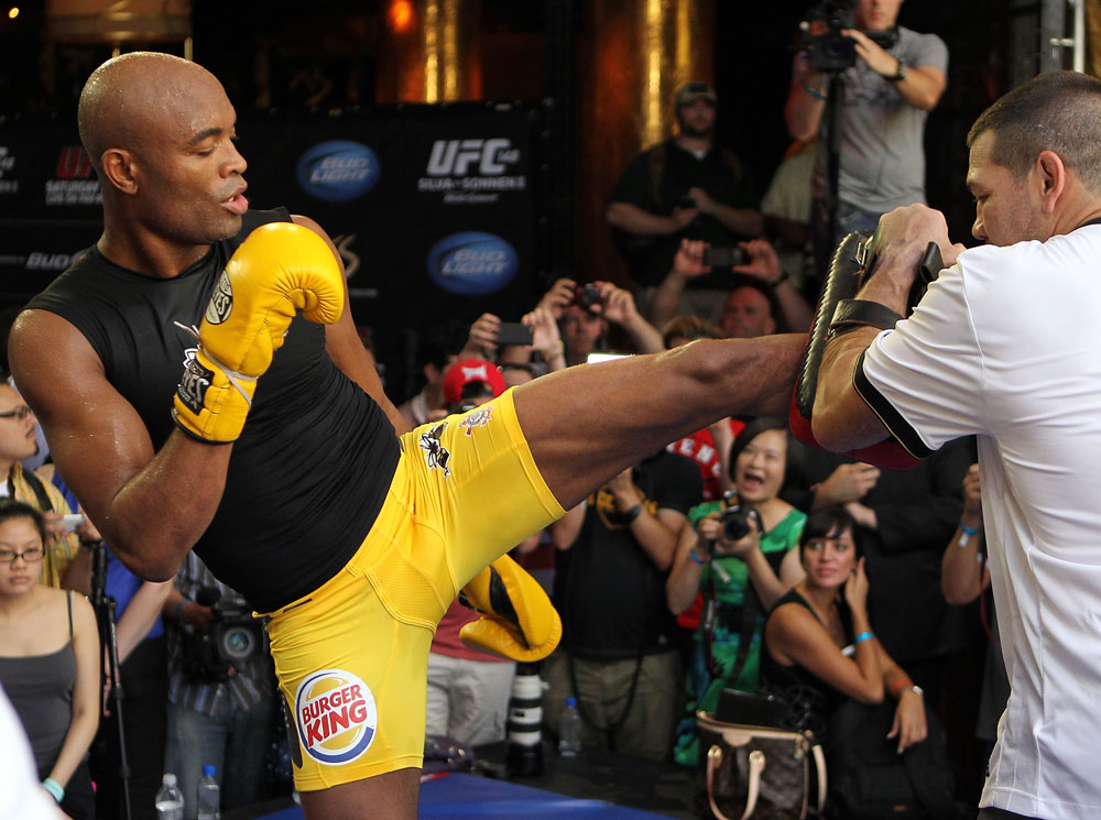 LAS VEGAS, NV - JULY 5: Anderson Silva works out for the fans and media during the UFC 148 Open Workouts inside XS nightclub at the Encore on July 5, 2012 in Las Vegas, Nevada. (Photo by Josh Hedges/Zuffa LLC/Zuffa LLC via Getty Images)