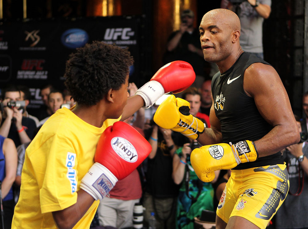 LAS VEGAS, NV - JULY 5: Anderson Silva works out for the fans and media during the UFC 148 Open Workouts inside XS nightclub at the Encore on July 5, 2012 in Las Vegas, Nevada. (Photo by Josh Hedges/Zuffa LLC/Zuffa LLC via Getty Images)