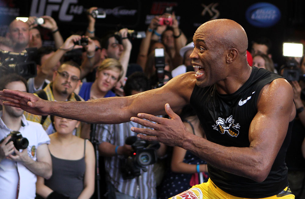 LAS VEGAS, NV - JULY 5: Anderson Silva works out for the fans and media during the UFC 148 Open Workouts inside XS nightclub at the Encore on July 5, 2012 in Las Vegas, Nevada. (Photo by Josh Hedges/Zuffa LLC/Zuffa LLC via Getty Images)