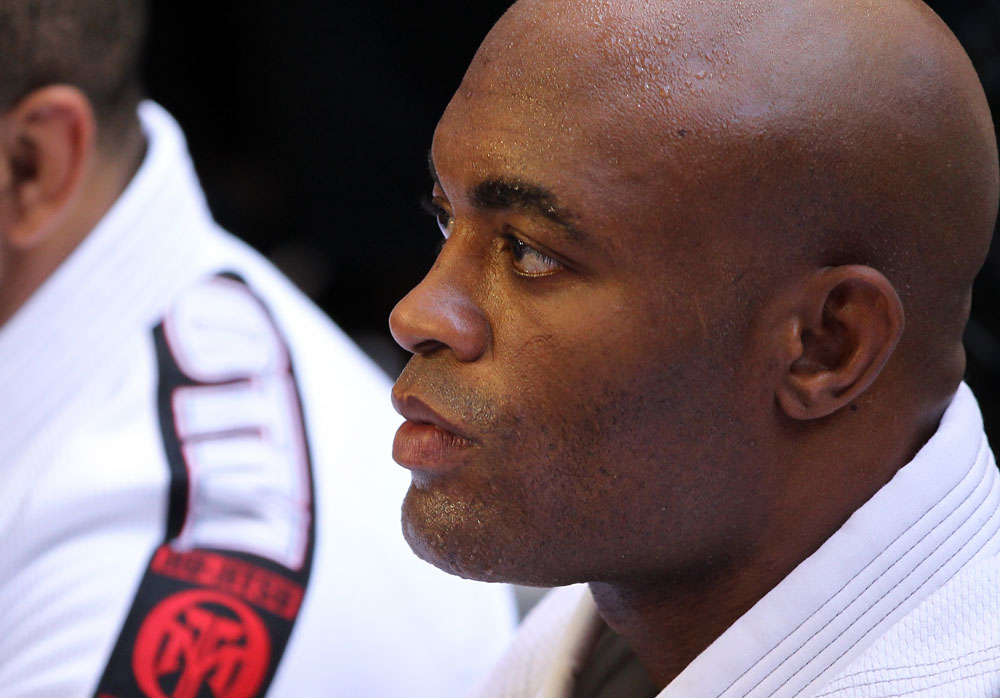 LAS VEGAS, NV - JULY 5: Anderson Silva works out for the fans and media during the UFC 148 Open Workouts inside XS nightclub at the Encore on July 5, 2012 in Las Vegas, Nevada. (Photo by Josh Hedges/Zuffa LLC/Zuffa LLC via Getty Images)