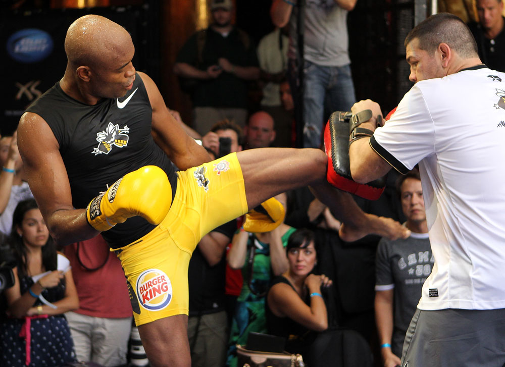 LAS VEGAS, NV - JULY 5: Anderson Silva works out for the fans and media during the UFC 148 Open Workouts inside XS nightclub at the Encore on July 5, 2012 in Las Vegas, Nevada. (Photo by Josh Hedges/Zuffa LLC/Zuffa LLC via Getty Images)