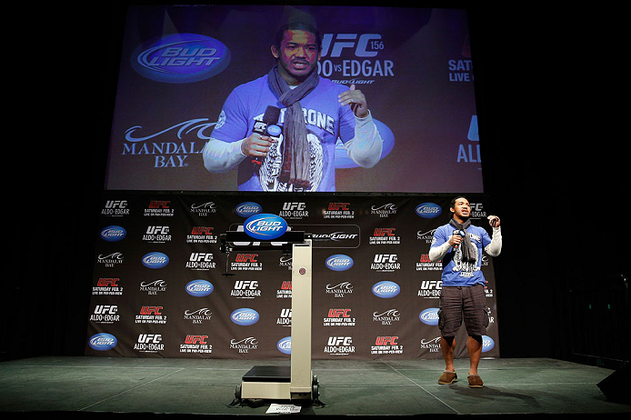 LAS VEGAS, NV - FEBRUARY 01:  UFC lightweight champion Benson Henderson interacts with fans during a Q&A session before the UFC 156 weigh-in on February 1, 2013 at Mandalay Bay Events Center in Las Vegas, Nevada.  (Photo by Josh Hedges/Zuffa LLC/Zuffa LLC via Getty Images)